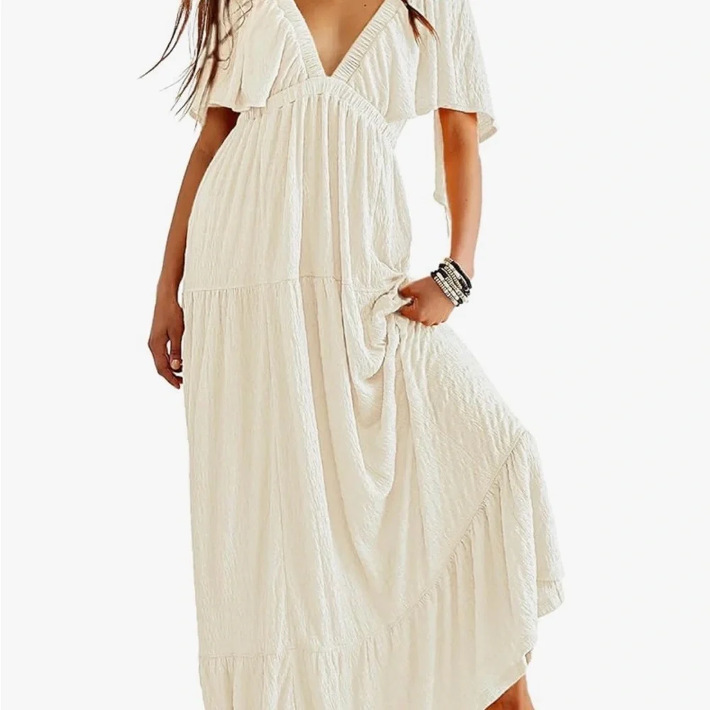 Sage Green V-Neck Tiered Maxi Dress with Flutter Sleeves - Picture 7 of 7